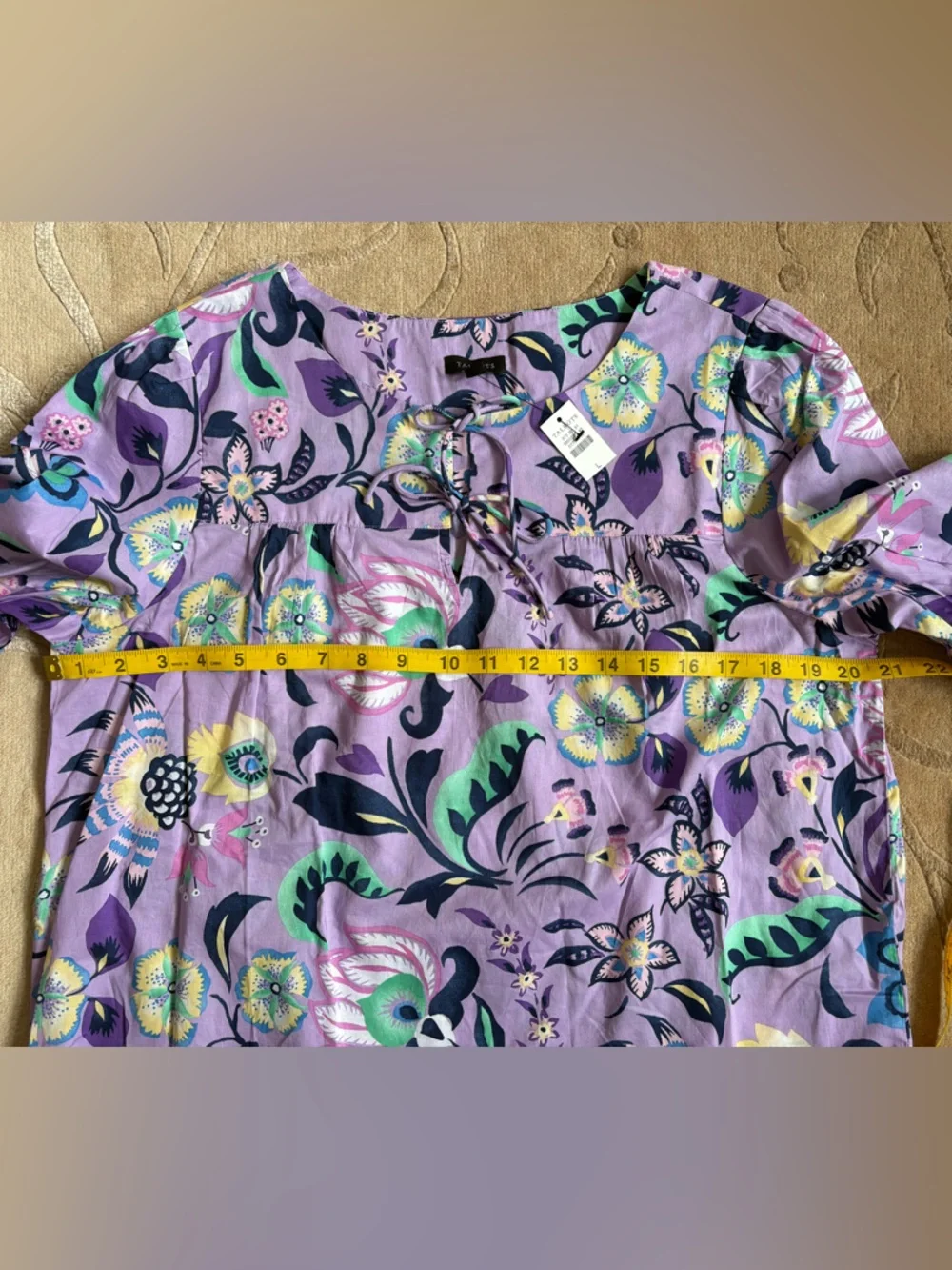NWT, Talbots Cotton Short Sleeve Tie Front Top, Lavender Jacobean Floral, Size L - Picture 12 of 13